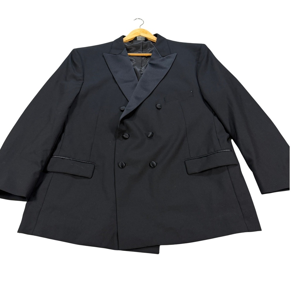 Jos A Bank Mens 50R Black Wool Double Breasted Peak Lapel Tuxedo Blazer Jacket